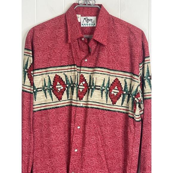 Vintage Roper Pearl Snap Aztec Red Long Sleeve Shirt Size Large - Picture 2 of 5
